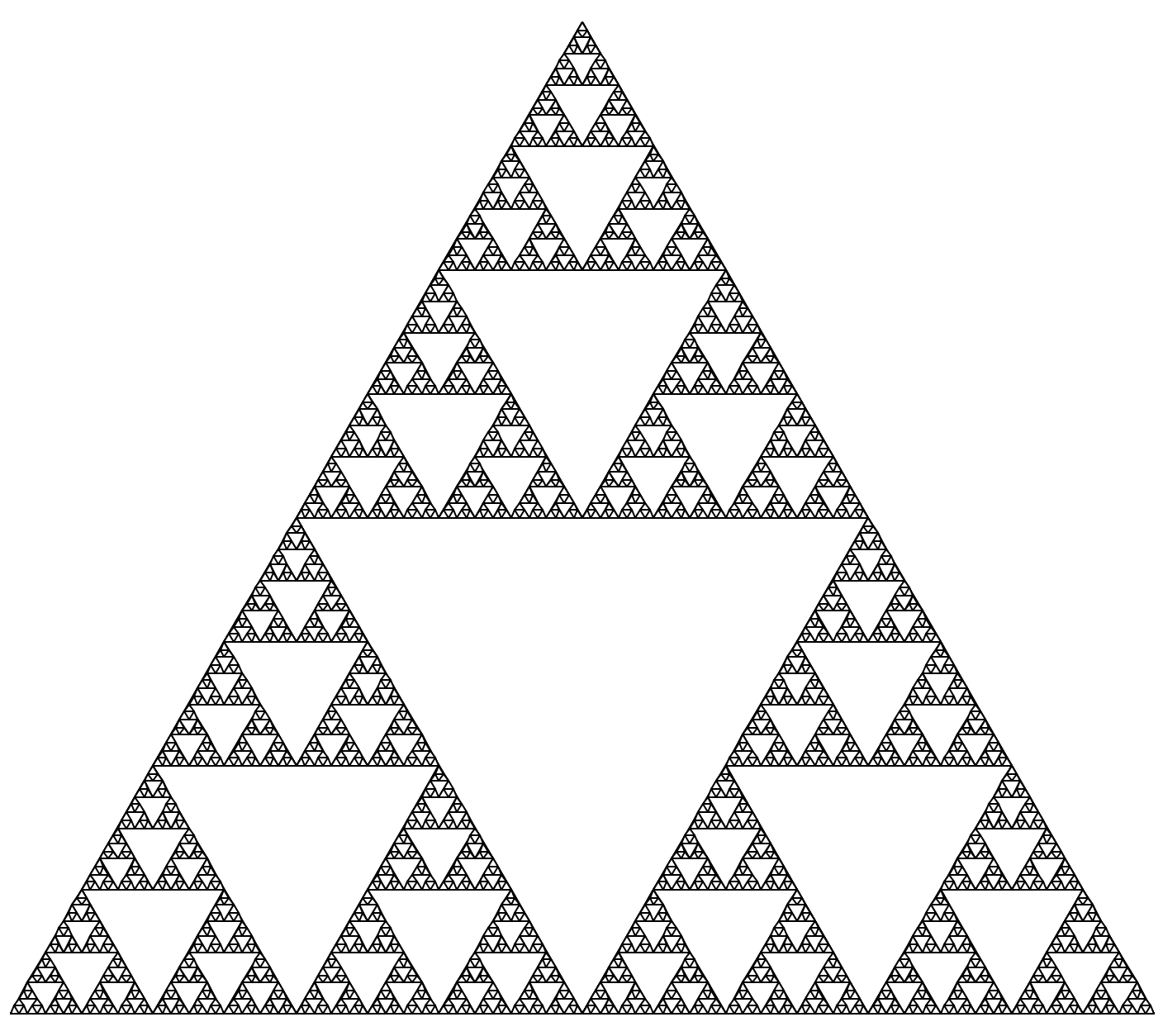 A Sierpinski triangle, which is an equilateral triangle pointing upwards. Inside this triangle there is an equilateral triangle pointing downwards, with each of its points in the centre of the sides of the larger circle. This inner triangle divides the outer triangle into three smaller upright equilateral triangles. Inside each of these smaller upright triangles, the pattern is repeated many times (so each one of these triangles is divided into three by an upside-down triangle, then each of those three continue to be divided).
