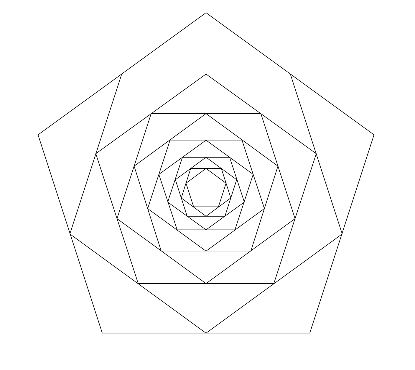 A regular pentagon which contains an upside-down pentagon inside it, which itself contains an upright pentagon inside it, and so on.